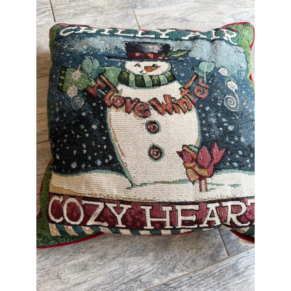 Christmas Snowman Tapestry Pillow Needlepoint Chilly Air Cozy Hearts Newport
